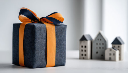 A dark blue gift box, adorned with an orange ribbon and vertical stripes, sits prominently in a studio setting. Miniature white houses are slightly out of focus in the background, offering a subtle sense of context. The composition features soft lighting and a neutral background, making it suitable for various commercial applications.の素材