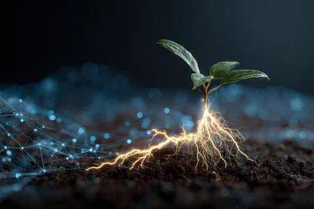 A close-up image showcases a young plant with visible, glowing roots emerging from dark soil. The scene highlights the delicate leaves and the interconnected network of the roots. The artwork employs a dark palette with luminous elements, creating a visually striking composition. This imagery could be used for various commercial or educational purposes.の素材