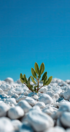A close-up captures a small green plant growing amidst numerous white stones. The vibrant leaves contrast with the cool-toned stones and a clear blue sky. The composition employs a shallow depth of field, emphasizing the plant. This image could be suitable for various editorial and commercial applications.の素材