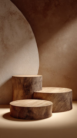 Three circular wooden podiums are arranged in a layered composition. The scene showcases warm brown tones, textures, and shadows creating a minimalist aesthetic. The lighting enhances the forms and suggests an indoor studio setting. Suitable for product presentations, advertisements, and various commercial applications.の素材