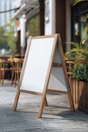 A wooden sandwich board stands on a paved surface near a building's entrance. The sign features blank white surfaces ideal for text or imagery. It's positioned outdoors, during daylight, with surrounding details hinting at a commercial area. Its simple design makes it suitable for promotional material.の素材