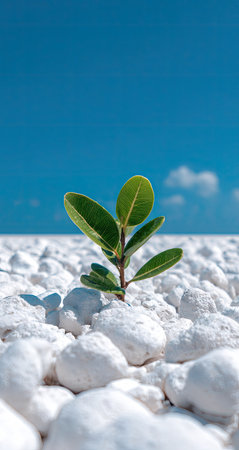 A vibrant green plant emerges from a bed of white stones, contrasting against a clear, azure sky. The image displays a close-up perspective, highlighting the textures of the stone and the plant's fresh leaves. Ideal for illustrating themes of growth, renewal, or natural beauty. Suitable for diverse commercial and editorial applications.の素材