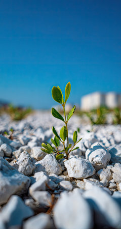 A small, vibrant green plant pushes through a bed of white stones under a bright, cloudless sky. The image features a shallow depth of field, emphasizing the plant's delicate leaves. The scene evokes growth and resilience, potentially suitable for environmental or inspirational content, and commercial uses.の素材