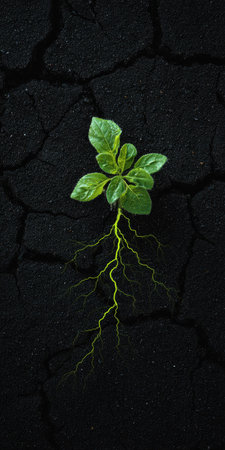 A small plant with green leaves and a yellow root structure emerges from dark cracked earth. The image features a macro perspective, showcasing textures and details. The composition may be useful for concepts such as growth, resilience, or environmental themes. It could be used for various commercial or editorial applications.の素材