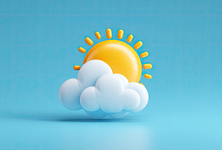 A cartoon illustration depicts a bright yellow sun partially obscured by white fluffy clouds. This design showcases a minimalist style with smooth gradients and a soft, pleasing aesthetic. The composition features a vibrant color palette, evoking a sense of calm and optimism suitable for various commercial uses.の素材