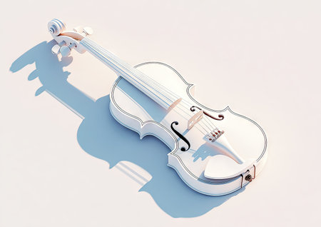 A pristine white violin is depicted on a bright, uncluttered white surface. The instrument casts a subtle shadow, enhancing its three-dimensional form. The image highlights the violin's smooth contours and delicate details. Suitable for illustrating music, performance, or artistic concepts in various projects.の素材