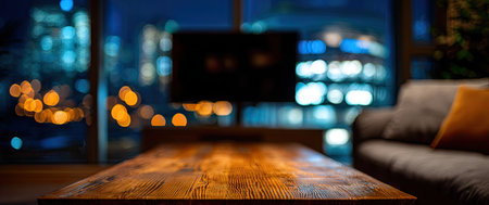 An interior shot features a wooden table in the foreground, with a blurred cityscape visible through a window. The scene is bathed in cool blue and warm yellow tones, suggesting an evening atmosphere. The style is soft focus, highlighting a comfortable living space, suitable for general use.の素材