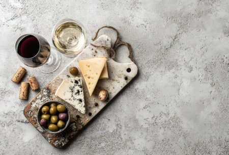 An overhead shot reveals a selection of cheeses and olives alongside glasses of red and white wine. The composition features a wooden cutting board with a textured surface, placed on a neutral, gray background. The scene includes various textures and warm colors, suggesting a fine dining experience, suitable for advertising or editorial use.の素材
