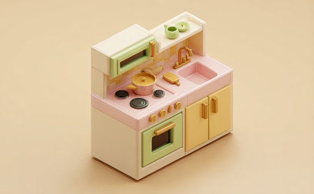This image showcases a miniature toy kitchen featuring a stove, sink, and microwave. The illustration employs pastel colors with soft textures. The scene is illuminated by gentle lighting and composed from an isometric perspective. Suitable for various applications including children's content, educational materials, and design projects.の素材