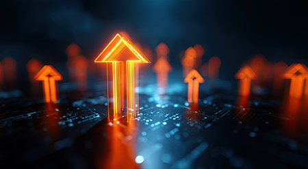 Several glowing orange arrow illustrations rise from a dark background suggesting growth. The image uses blue and orange colors with a soft focus. It may be used to visually represent progress and development, suitable for business and technology themes. The composition features a shallow depth of field.の素材
