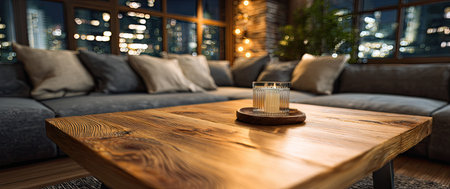 A living room interior is depicted, centered on a wooden table with candles. The sofa and pillows are grey, creating a cozy atmosphere. The composition features soft lighting with a city visible outside the window. Suitable for use in lifestyle or interior design concepts, offering a space for visual communication.の素材