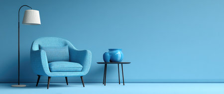 An interior scene features a blue armchair, a small table with a vase, and a floor lamp against a solid blue wall. The composition uses cool tones, a minimalist style, and soft lighting. This image could be used for various commercial or editorial projects relating to home decor and design.の素材