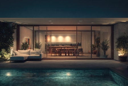 An exterior view showcases a modern home with large glass windows revealing a dining area. A pool reflects the evening light. The scene features a sofa outdoors, with greenery. This image is suitable for architecture, real estate, design, and lifestyle content, ideal for promotional material.の素材