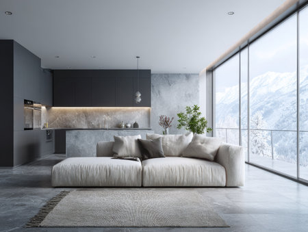 A modern living room features a large sofa and minimalist decor. Light floods the room from a panoramic window. Neutral colors and textures create a calm environment. The scene may be used for architectural or interior design projects.の素材