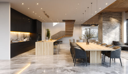 A well-lit, modern interior showcases a dining area and a kitchen. The space features wooden accents, marble flooring, and contrasting black cabinetry. Natural sunlight streams in, illuminating the contemporary furniture. The image is suitable for architectural visualization, design portfolios, and lifestyle publications.の素材