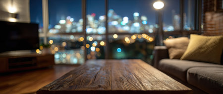 A close-up shot captures a wooden table surface in the foreground, with an out-of-focus city night view visible through large windows. The interior features a sofa and warm lighting. Suitable for lifestyle, design, or real estate concepts. The image offers versatile applications.の素材