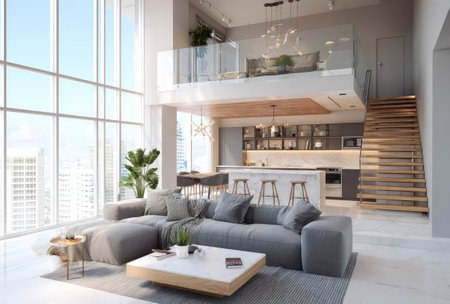 An expansive interior showcases a contemporary living area with a high ceiling. The image highlights a sectional sofa, coffee table, and large windows that offer ample natural light. The design incorporates a mezzanine level and wooden stairs, and a kitchen area, with a neutral color palette. Suitable for architectural, interior design, or lifestyle publications.の素材