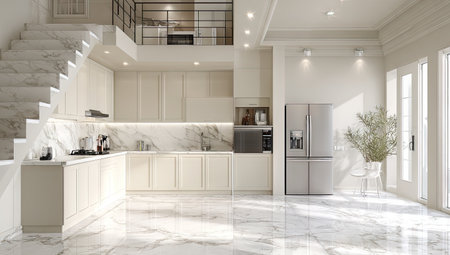 This image showcases a modern kitchen design with a bright, airy atmosphere. The space features white cabinetry, marble countertops, and flooring, accented by stainless steel appliances. The composition includes stairs and natural light from large windows. Suitable for interior design, lifestyle, and home improvement content.の素材
