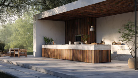An outdoor kitchen features a long, light-colored countertop with wooden cabinetry. The space has a contemporary design with natural wooden elements under a concrete overhang. The scene is illuminated by natural sunlight, suitable for editorial use or as a component in architectural visualizations.の素材