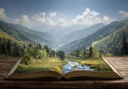An open book displays a vibrant mountain landscape with a flowing river and lush greenery. The image features a bright, natural setting with diverse shades of green and blue. This visual may be suitable for illustrations related to nature, travel, or educational content. It could also serve as a backdrop for various design projects.の素材