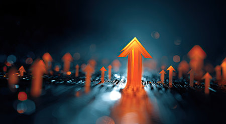 Rising orange arrows against a dark blue backdrop represent growth and forward movement. The composition features a shallow depth of field, with soft focus on some elements. The image uses warm tones contrasted against a cool background. It is suitable for various commercial uses, including presentations and advertising.の素材