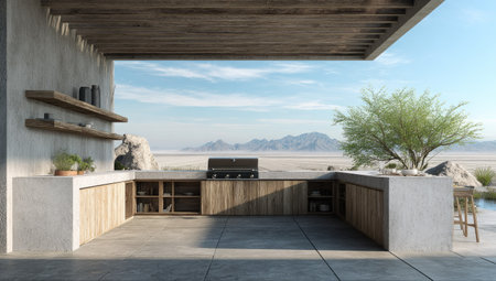 An outdoor kitchen features wooden cabinets and stone countertops. The composition showcases a modern design, with a focus on natural materials. The scene is illuminated by daylight, complemented by a desert landscape, suggesting a space for cooking and entertaining. This image can be used for design, architecture, or lifestyle content.の素材