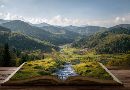 An open book displays a vibrant mountain landscape featuring a flowing river and lush green vegetation. The scene is illuminated by soft daylight, with rolling hills and distant mountains creating depth. The image could be used for educational materials, travel-related content, or illustrating concepts of nature.の素材