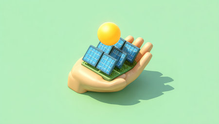 An illustration features a hand holding solar panels and a sun, set against a solid green background. The image uses bright colors and a simple style. It suggests ideas about sustainable energy and environmental responsibility. Suitable for various projects related to clean energy and eco-friendly practices.の素材
