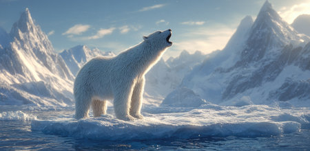 A polar bear stands on an ice floe, with its mouth open. The image features a bright, clean style with a focus on white and blue tones. The snowy mountains create a background in an icy environment. Suitable for ecological themes and visual content.の素材