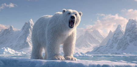 A polar bear stands on an ice floe, mouth open in a roar, set against a backdrop of snow-covered mountains. The image showcases white fur and a cold color palette of blues and whites, suggesting a frozen environment. Suitable for illustrations and editorial use, the image is devoid of specific locations or branding.の素材