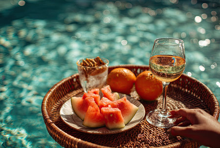 A close-up captures a vibrant display of fresh fruit slices, oranges, and a glass of wine on a woven tray. The composition features a clear, inviting blue water backdrop. This image showcases refreshing elements under natural sunlight, suitable for lifestyle and vacation themes.の素材