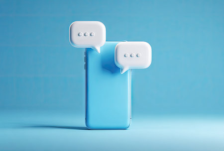 A blue smartphone is depicted with two white speech bubbles floating above. The image displays a clean, digital style against a uniform blue backdrop. This composition suggests concepts related to communication, messaging, and online interaction. Ideal for various digital content and design projects.の素材
