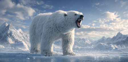 A large polar bear is displayed in a winter scene, possibly in the Arctic. The bear is white and has its mouth open. The background consists of snowy mountains, clouds, and an icy terrain. This image might be suitable for editorial or illustrative purposes.の素材