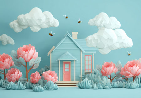 A whimsical illustration features a light blue house surrounded by large pink flowers and stylized cloud formations. The composition uses soft colors and textures creating a dreamy atmosphere. The image could be suitable for various applications, including advertising, design, or decorative projects. The setting is bright and cheerful.の素材