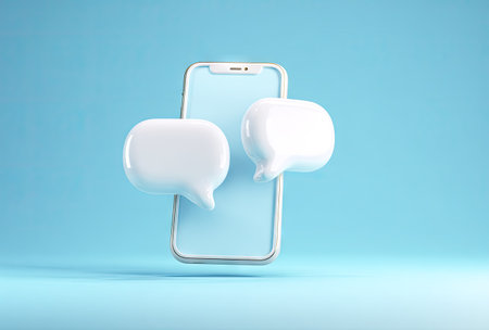 A smartphone model features two hovering speech bubbles against a solid blue backdrop. The image utilizes soft lighting and a clean, minimalist style. This composition is suitable for illustrating digital communication or virtual dialogue, with potential use in advertising or informational projects.の素材