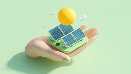 A stylized image features a hand cradling a model of solar panels with a bright yellow sphere. The composition utilizes a pastel green background with blue and yellow accents. The illustration presents a clean energy concept, suitable for environmental and technological themes, often used in advertising and educational materials.の素材