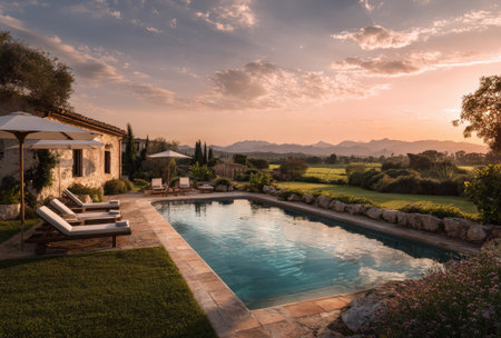 An inviting swimming pool and surrounding landscape are captured at sunset. The image displays a well-maintained yard, stone walls, and a house. The sky displays hues of orange and pink. This photograph could be utilized for various commercial and editorial projects.の素材