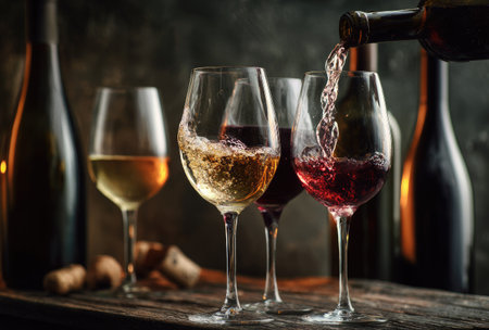 Wine is poured into multiple clear glasses on a rustic wooden table. The image showcases the pouring process, with focus on the clear liquid and bubbles. Dark wine bottles are blurred in the background. This image could be used for editorials and advertising purposes related to beverages and dining.の素材