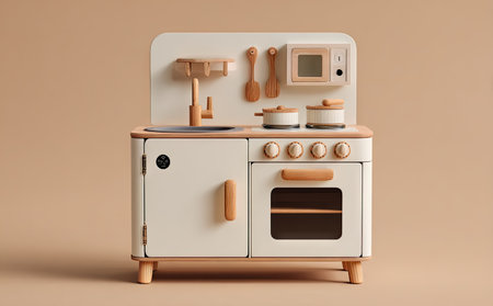 A close-up view presents a wooden toy kitchen with a minimalist design. The set features a sink, stove, oven, and microwave, all in soft neutral colors. The image highlights the toy's textures and forms, set against a plain background. Suitable for illustrating early childhood education or creative content.の素材