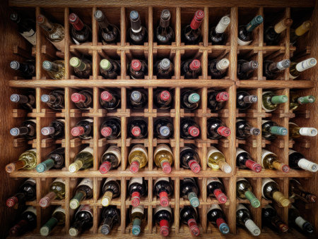 A wooden wine rack filled with numerous bottles, showcasing a diverse collection. The bottles feature a variety of colors and labels, arranged in a grid-like pattern. The warm lighting enhances the rich tones of the wood and glass. Suitable for illustrating beverage, food, or lifestyle themes.の素材