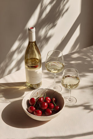 A bottle of white wine and two glasses stand beside a bowl of cherries. The scene is illuminated by natural light, casting shadows across the surface. The composition suggests a setting indoors, possibly for a gathering or celebration. The image could be suitable for use in promotional materials or editorial content related to beverages or food.の素材