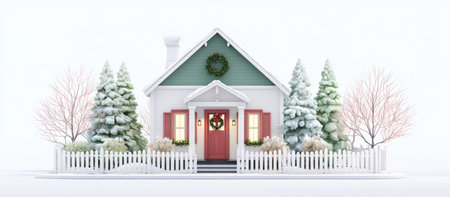 A charming illustration depicts a home surrounded by snow-covered trees and a white picket fence. The house features a red door and shutters, with a green roof. The scene evokes a sense of winter and holidays. Suitable for various editorial and commercial applications.の素材