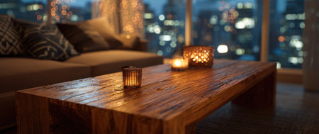 An interior shot features a wooden coffee table illuminated by soft candlelight. The warm glow contrasts with the darker surrounding environment, suggesting a nighttime scene indoors. The composition includes a sofa and a cityscape visible through a window, possibly for commercial and editorial uses.の素材