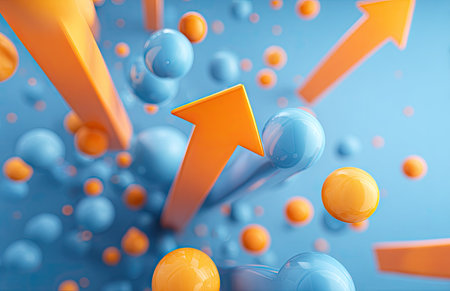 An abstract composition features bright orange arrows ascending through a field of blue spheres. The visual includes various sizes of spheres and arrows set against a light blue backdrop. The style presents a modern, dynamic look, possibly suitable for business, technology, or design projects, and other commercial uses.の素材