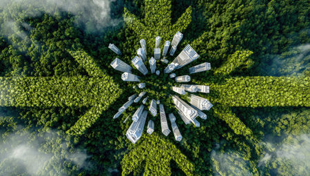 An overhead shot showcases an abstract cityscape surrounded by a stylized, green, cross-shaped structure. The composition utilizes a variety of tones of green for the surrounding environment. The image possibly serves for multiple design and editorial applications, offering a visually appealing and conceptual representation.の素材