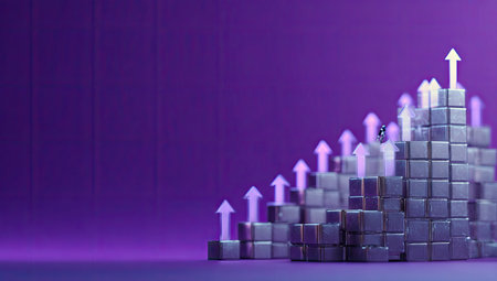 An illustration depicts a stepped structure of blocks with white arrows pointing upwards. The composition features a gradient purple background and an isometric perspective. This visual representation conveys growth, progress, and success, suitable for various business and financial contexts. The style could be used in advertising or presentations.の素材
