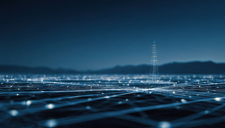 An abstract illustration presents a network grid dominating a cityscape. The composition features a modern tower and a gradient of dark blue tones, suggesting a night scene. The image showcases interconnected nodes, creating a sense of technology and connectivity. Suitable for various design projects and commercial applications.の素材