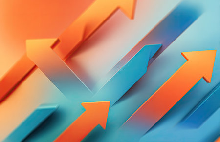 An abstract composition features several upward-pointing arrows, rendered in gradients of orange and blue. The visual emphasizes movement and direction, with a soft, blurred background. The style may suit design projects or presentations that emphasize progress. Could be used for commercial projects illustrating growth, success or strategy.の素材