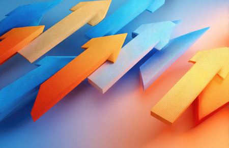 This image features a collection of ascending arrows in shades of orange and blue. The composition, lit with soft lighting, creates a sense of movement and direction. This could be used for business presentations or to visually represent concepts such as success and forward momentum in various commercial contexts.の素材