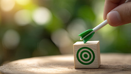 An arrow with green fletching pierces a wooden block marked with a target. The image showcases a hand placing the arrow onto the block against a blurred green backdrop. The scene suggests concepts of achievement, strategic planning, and successful outcomes suitable for commercial projects.の素材